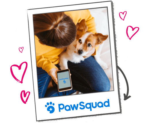 Person holding dog and a phone in a polaroid frame with PawSquad written on.